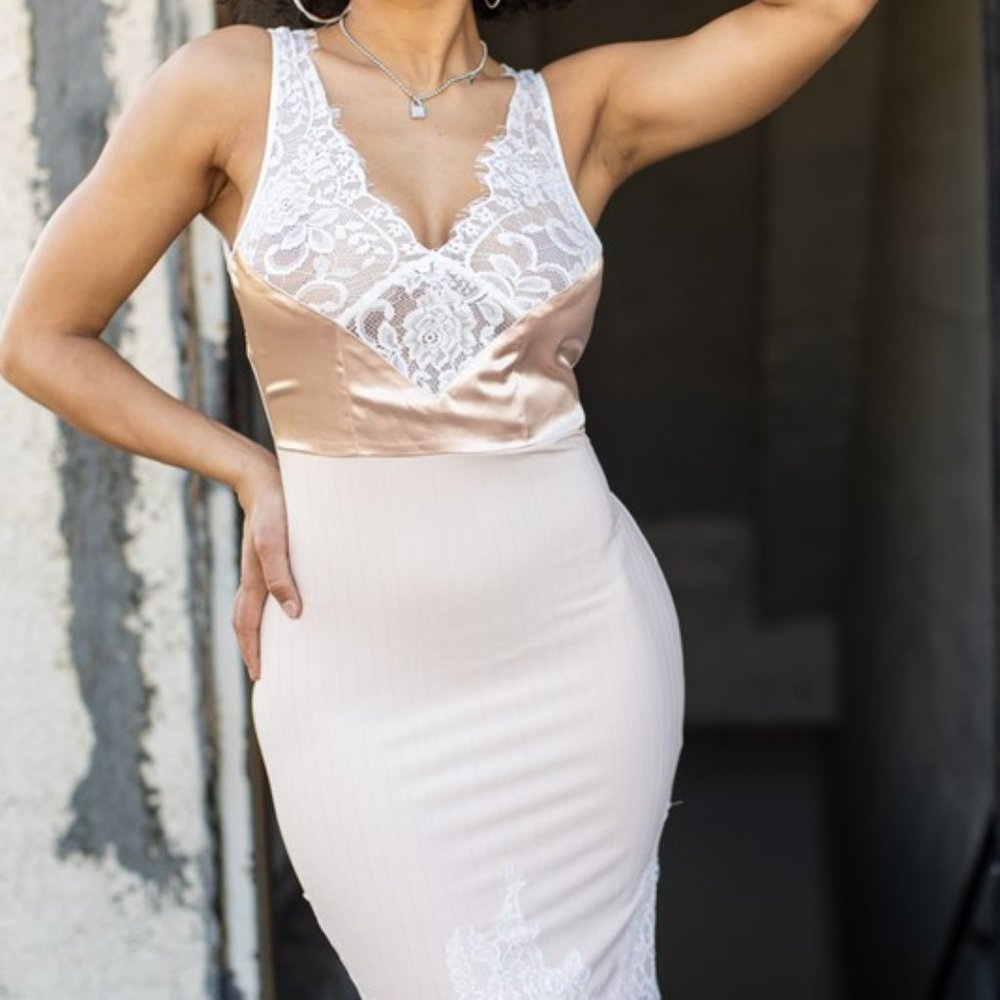 Women's Sheer Lace Satin Midi Dress